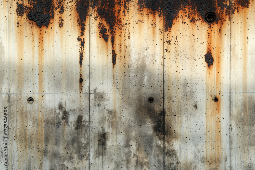 Rust stained concrete wall with blackened fire marks, showcasing weathered and industrial aesthetic. texture and colors evoke sense of decay and history