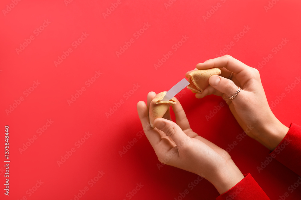 Female hands with broken fortune cookie on red background Female hands with broken fortune cookie on red background