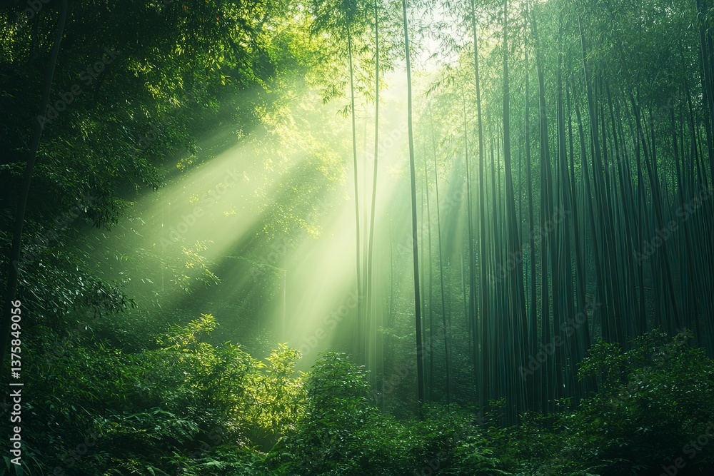 Obraz premium Sunlight streams through a dense bamboo forest creating an ethereal atmosphere