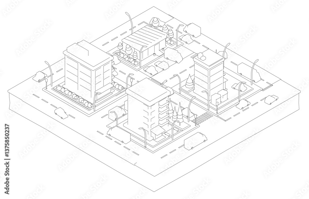A city block with a lot of buildings and a park. The buildings are tall and the park is small. Isometric view A city block with a lot of buildings and a park. The buildings are tall and the park is small. Isometric view