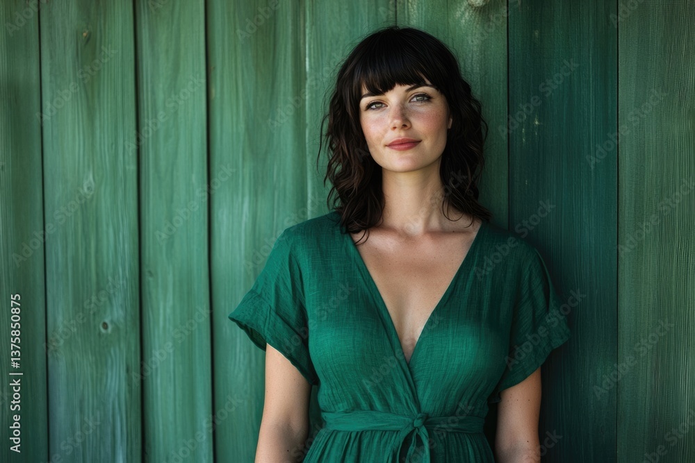 Fototapeta premium A woman with dark hair and freckles wearing a green dress stands against a dark green wooden background.