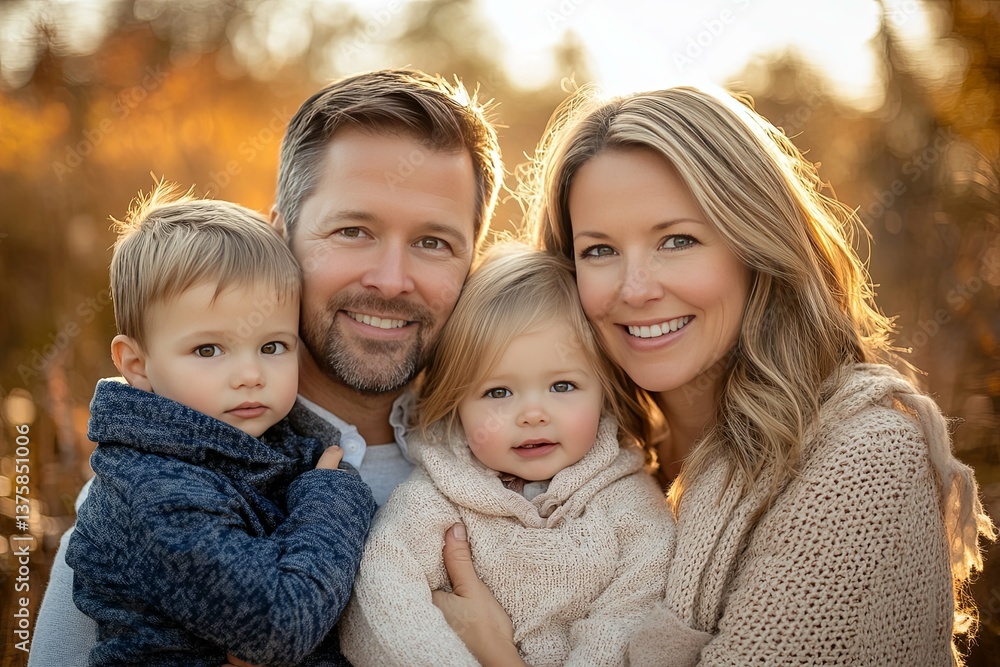 Fototapeta premium A Smiling Family of Four Poses Outdoors Together Happily