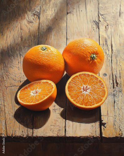 Three vibrant oranges—one whole and two halved—on a rustic wooden table. Warm sunlight and rich textures highlight the natural contrast and freshness in a detailed, close-up composition.