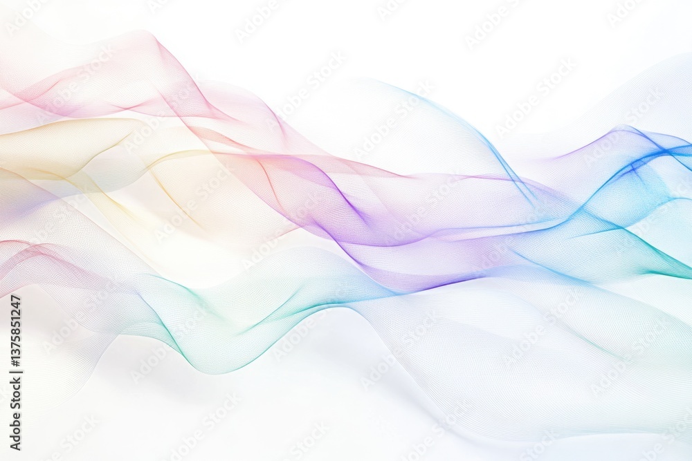 Fototapeta premium Abstract pastel rainbow waves flow smoothly on white background, creating a calming and elegant visual.