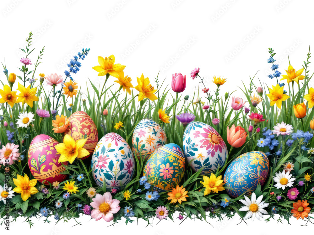 Vibrant Easter eggs of various colors and intricate designs are nestled amongst a blossoming array of spring flowers in a grassy border Vibrant Easter eggs of various colors and intricate designs are nestled amongst a blossoming array of spring flowers in a grassy border