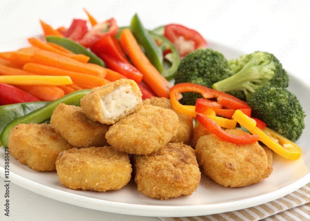 Chicken nuggets on a plate next to vegetables. Chicken nuggets on a plate next to vegetables.