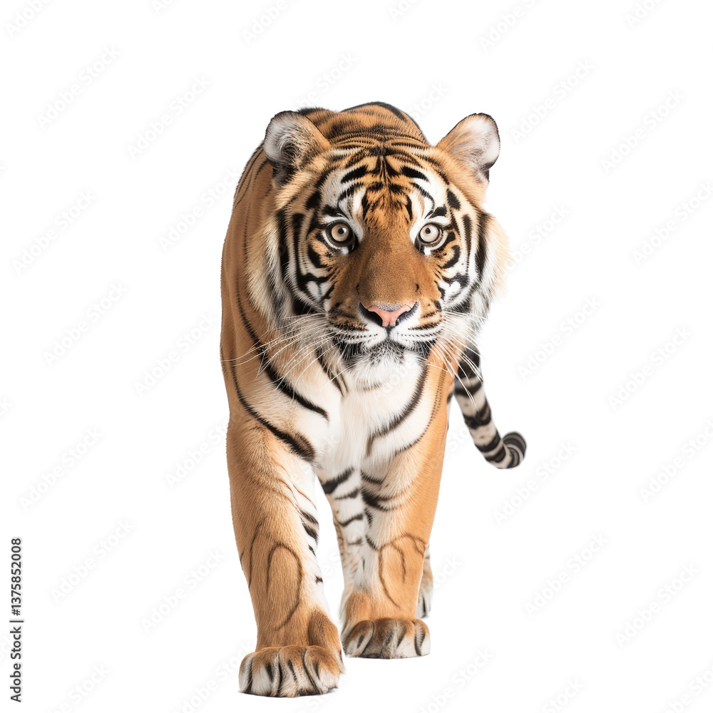 Obraz premium Majestic Tiger Striding Through a White Background with Intense Gaze and Striking Features