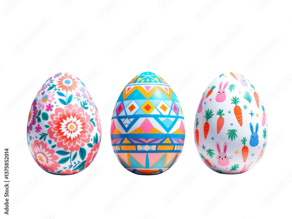 This image features three vibrantly decorated Easter eggs on a transparent background This image features three vibrantly decorated Easter eggs on a transparent background