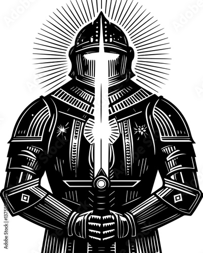 Mythological warriors and gods depicted in a detailed svg vector illustration. Detailed Vintage Illustration of a Knight Holding a Sword