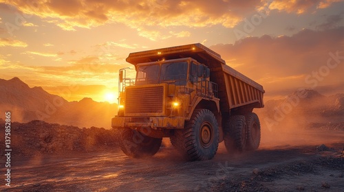A massive mining truck on dusty ground at golden sunset