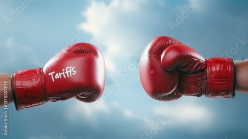 Tariffs Battle: Two hands clad in red boxing gloves, one boldly inscribed with the word 