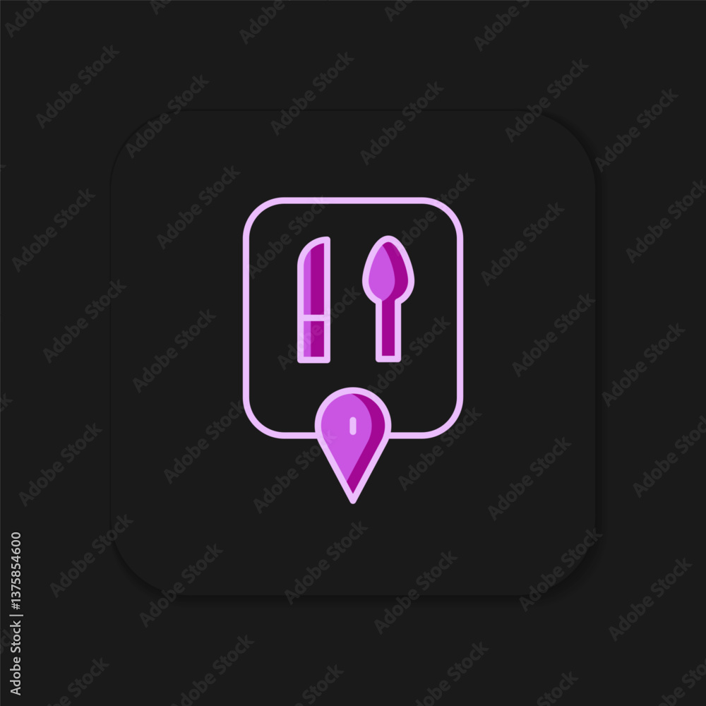 Filled outline Cafe and restaurant location icon isolated on black background. Knife and spoon eatery sign inside pinpoint. Flat filled outline style with shadow. Vector.