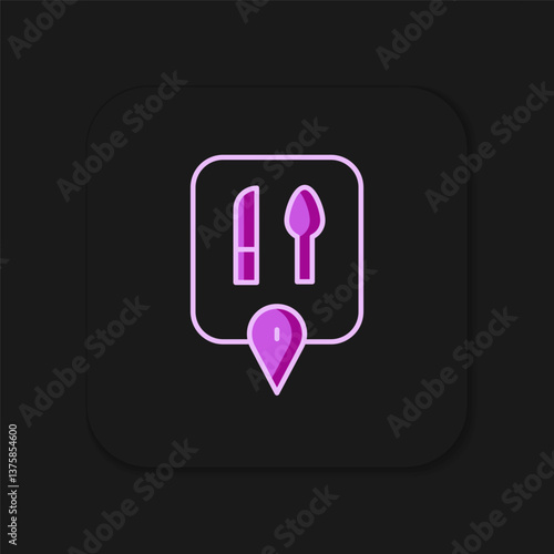 Obraz na płótnie Filled outline Cafe and restaurant location icon isolated on black background. Knife and spoon eatery sign inside pinpoint. Flat filled outline style with shadow. Vector. w salonie