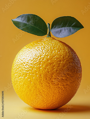 a yellow disco ball shaped as a full lemon with green leaf on a muted yellow pastel background, 