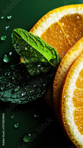 orange slice, lemon slice with water droplets,
