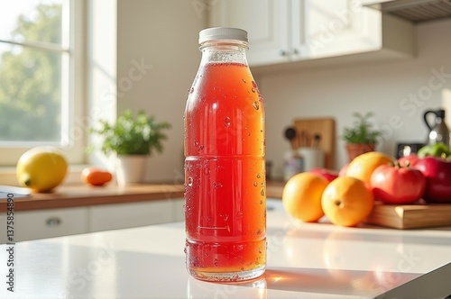 Refreshing bottle of sparkling red juice on sunlit kitchen counter