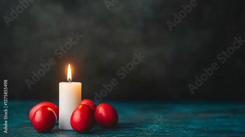 Greek Orthodox Easter celebration with candles and red eggs.