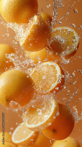 Bright orange background, fresh oranges and lemons falling through the air, splashing water droplets, 