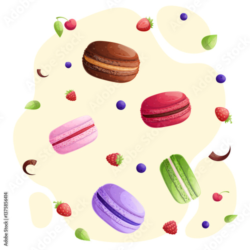 Sweet French almond macaroons with different berries, flying on a yellow background. The concept of confectionery, baking, cooking. Vector illustration for the design of menus, posters, banners
