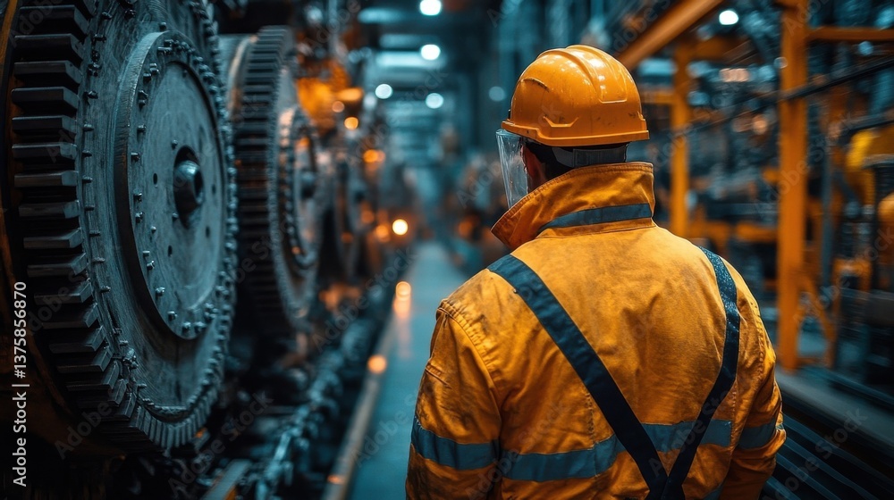 Industrial Worker in Yellow Safety Gear Facing Machinery in a Workshop Industrial Worker in Yellow Safety Gear Facing Machinery in a Workshop