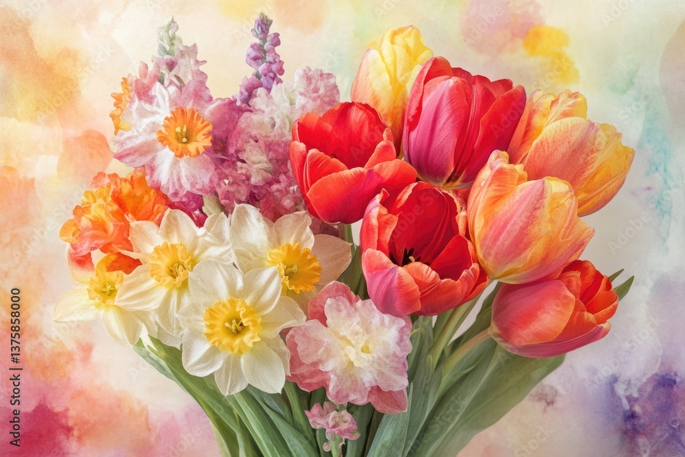 Obraz premium Vibrant bouquet of tulips and daffodils in watercolor style, showcasing spring's colorful blooms.