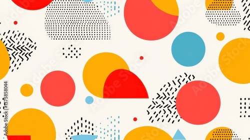 Geometric Composition: Playful design with a variety of shapes and colors. Circles, dots and other geometric shapes form an eye-catching composition.