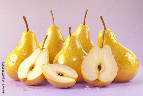 A stunningly beautiful  on a light purple background, which depicts beautiful shiny detailed pears in a pile at the bottom, 