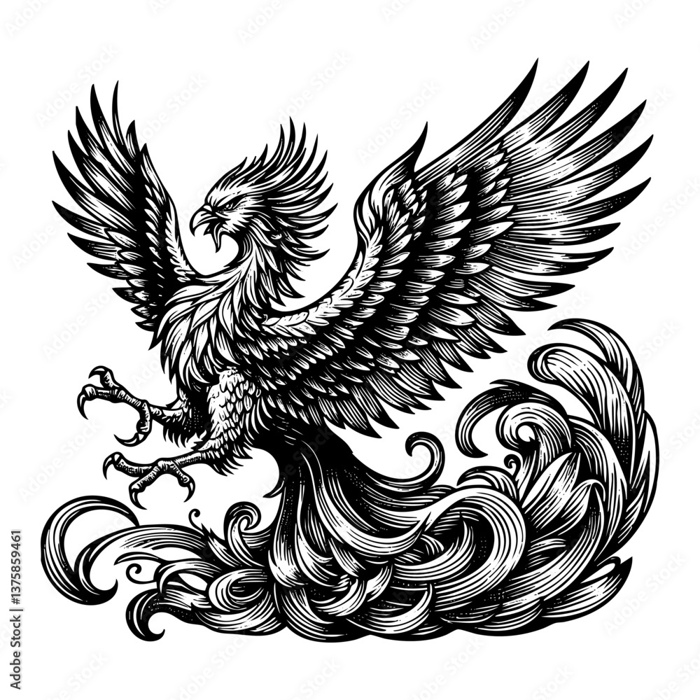 Obraz premium Phoenix sketch engraving black and white outline. Scratch board imitation. 
