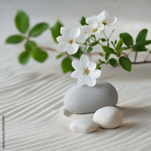 Zen Garden Harmony: White Blossom Resting on Smooth Stones in Raked Sand for Peaceful Contemplation