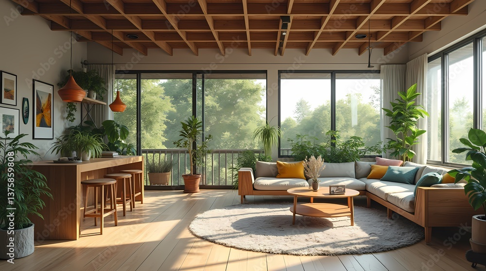 Fototapeta premium Modern living room with wooden furniture and a scenic view
