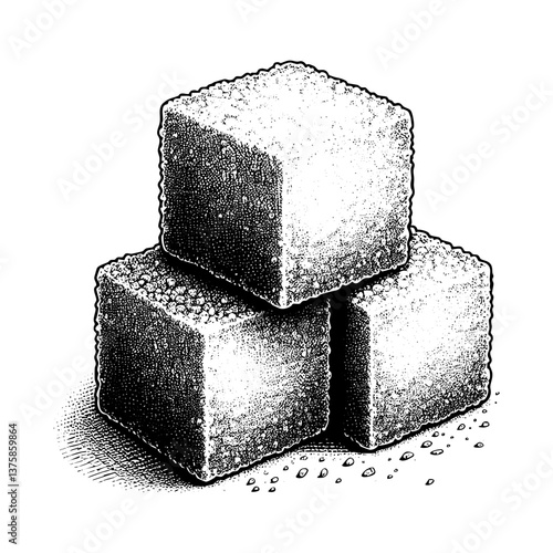 Sugar cube sketch engraving black and white outline. Scratch board imitation.  illustrated in vintage line art style on a white background.
