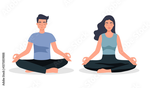 Calm man and woman with mudra hands meditate in lotus position clear thoughts. Happy couple practice yoga with eyes closed relieve negative emotions breathe fresh air. Vector illustration.
