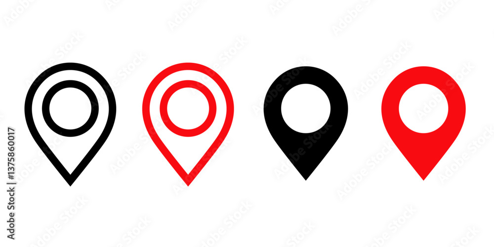 Set of location pin icons in black and red, GPS navigation symbols, vector illustration. Set of location pin icons in black and red, GPS navigation symbols, vector illustration.