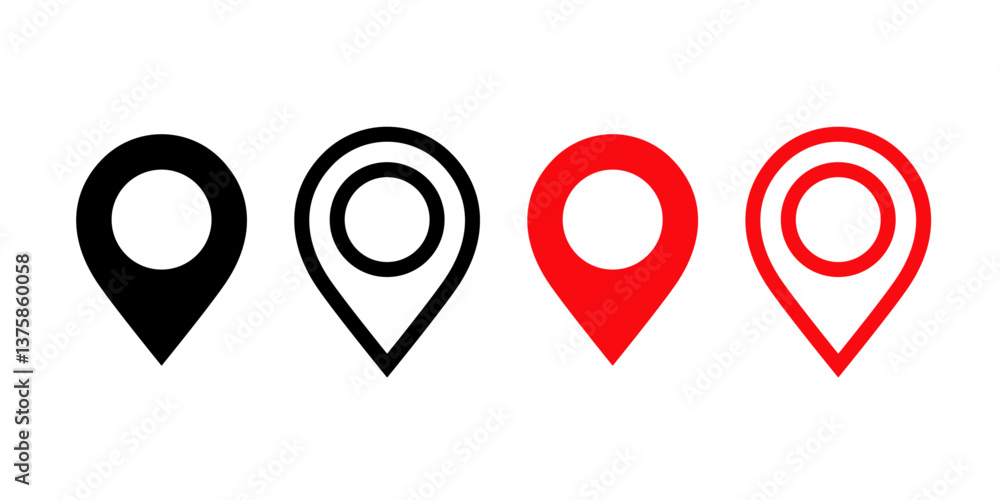 Set of location pin icons in black and red, GPS navigation symbols, vector illustration. Set of location pin icons in black and red, GPS navigation symbols, vector illustration.