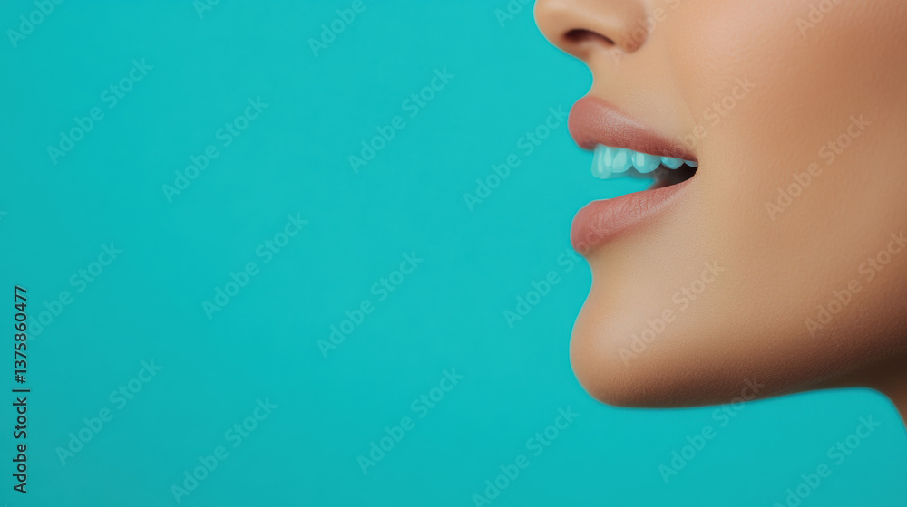 Dentures, Profile of a woman smiling against a turquoise background. Dentures, Profile of a woman smiling against a turquoise background.