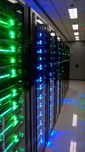 Illuminated Server Room with Green and Blue LED Lights