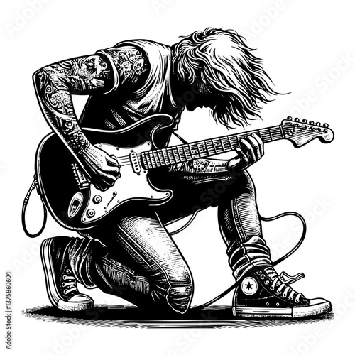Rockstar guitarist kneeling sketch engraving black and white outline. Scratch board imitation.  illustrated in vintage line art style on a white background.