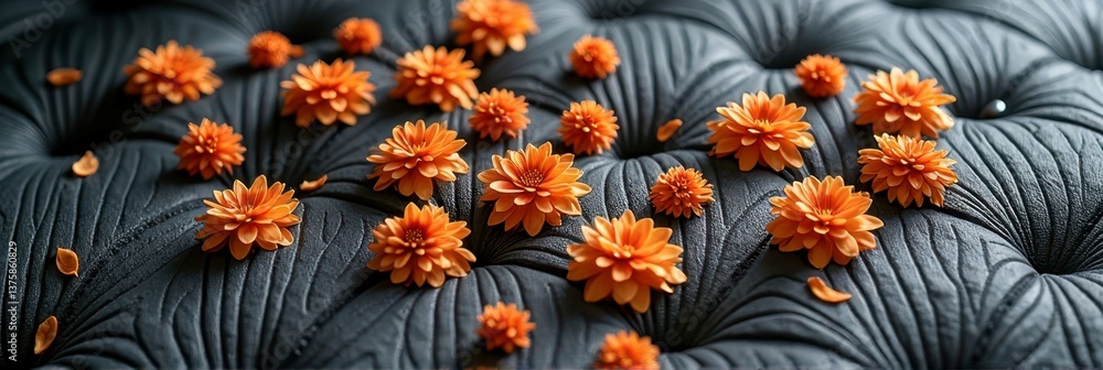 Naklejka premium Vibrant orange flowers on dark quilted fabric surface