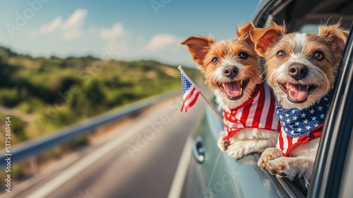 A dog driving a car and carrying a United States flag, celebrating Independence Day on the 4th of July