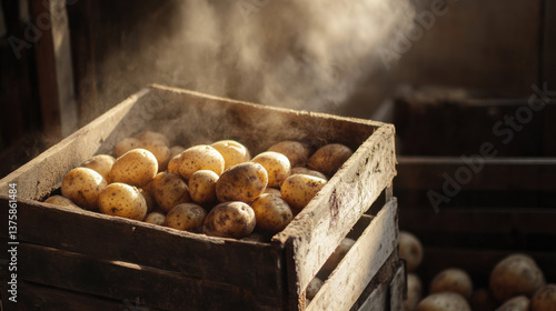potatoes placed in a big rustic wooden crate right on the farm, ready to ship. 