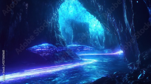 Wallpaper Mural A luminous futuristic cavern illuminates a winding water pathway Torontodigital.ca