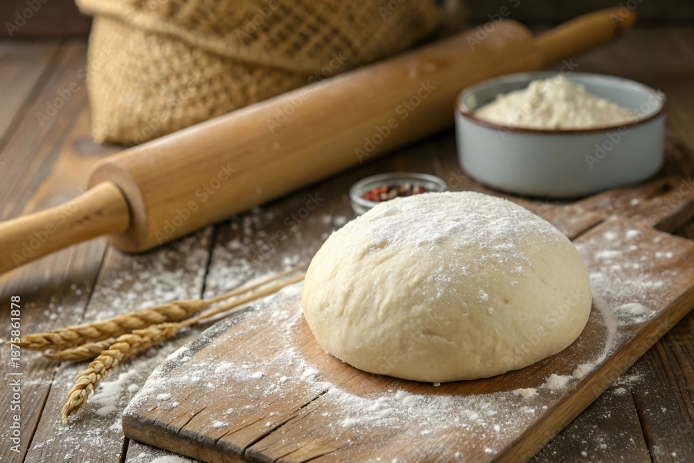 Ball of Fresh Dough on a Rustic Wooden Cutting Board, Surrounded by Baking Essentials Ball of Fresh Dough on a Rustic Wooden Cutting Board, Surrounded by Baking Essentials