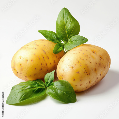 potatoes 2 tubers and fresh leaves. Side view food