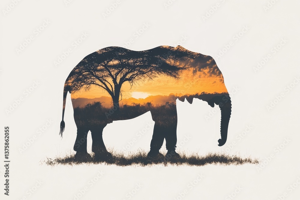 Sunset silhouette of an elephant filled with African savanna and acacia tree scenery at golden hour