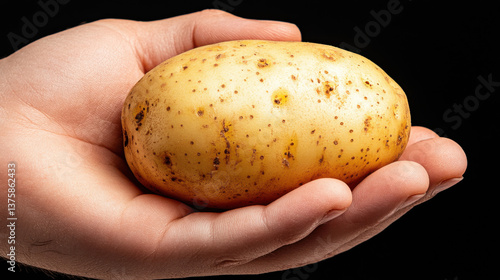 A hand holding a whole potato. 