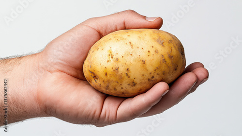 A hand holding a whole potato. The potato has a light brown, 