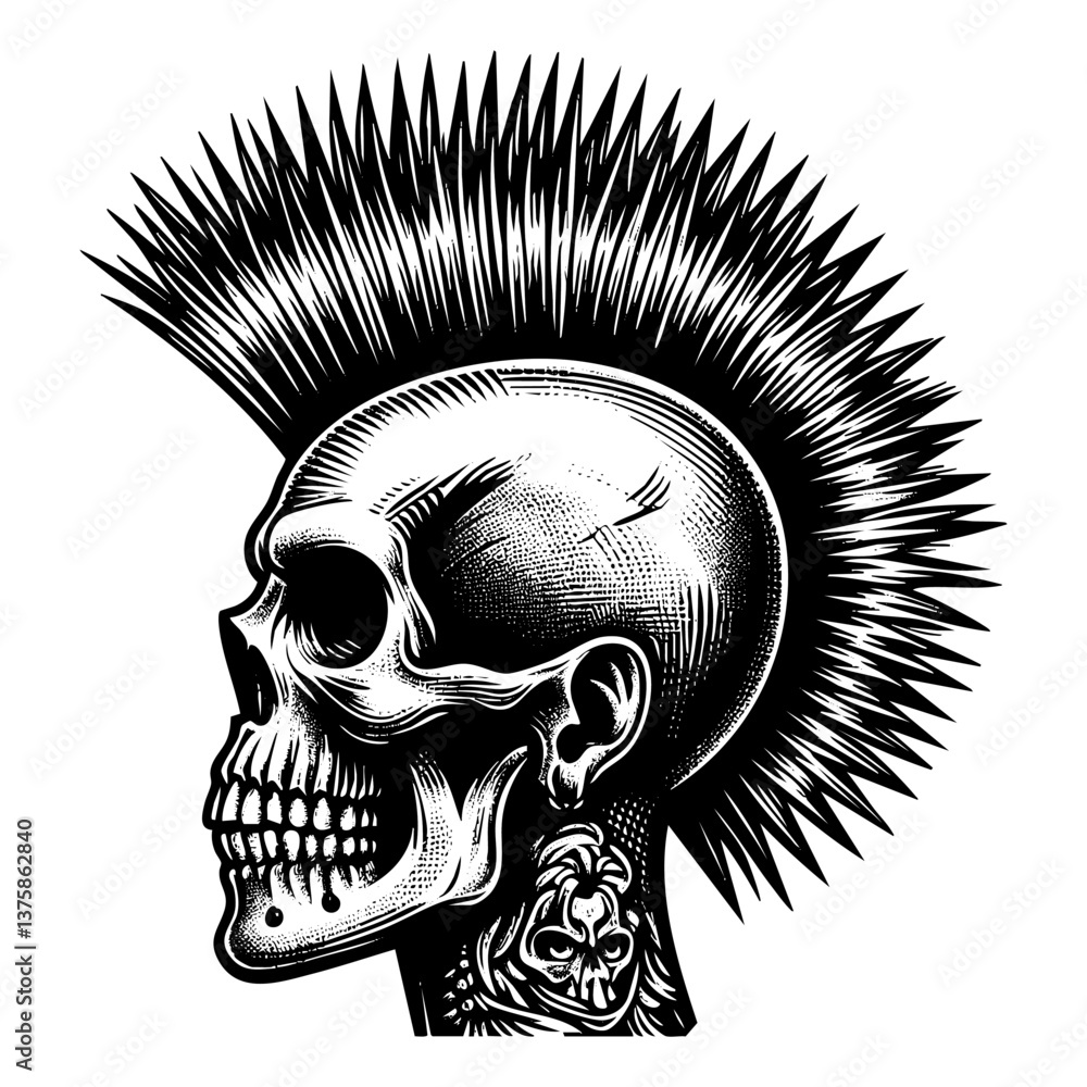 Naklejka premium Skull punk hairstyle engraving black and white outline. Scratch board imitation.
