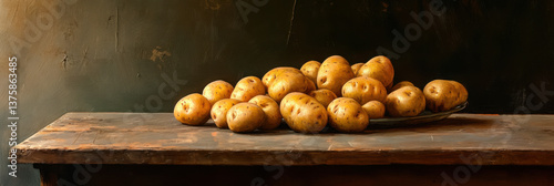 a picture of potatoes on a table top. it should be suitable to use as a banner on a web site. 
