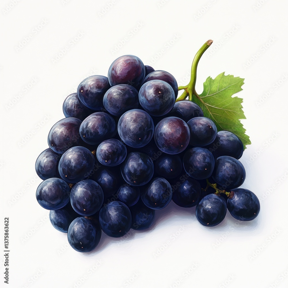 Fresh and Juicy Black Grapes with Green Leaf on White Background Fresh and Juicy Black Grapes with Green Leaf on White Background