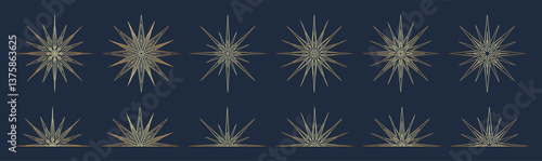 Hand drawn silhouette of golden Sun and stars. Magic gold gradient symbol bursting sun rays. Mystical celestial circle talisman, antique style, boho, logo. Vector set illustration on blue background